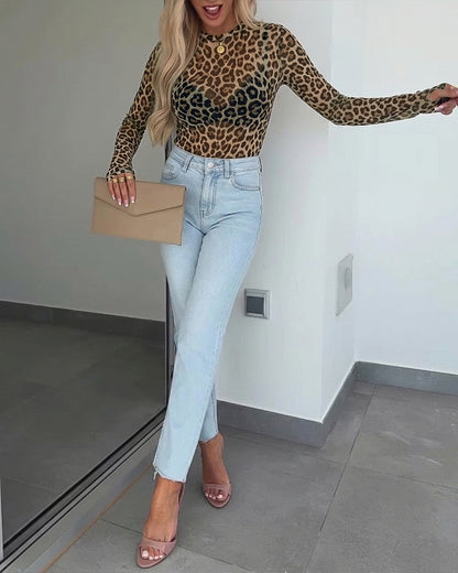 Women's Leopard Print Sheer Mesh Top Long Sleeve Crewneck Fitted Tee with Thumb Holes