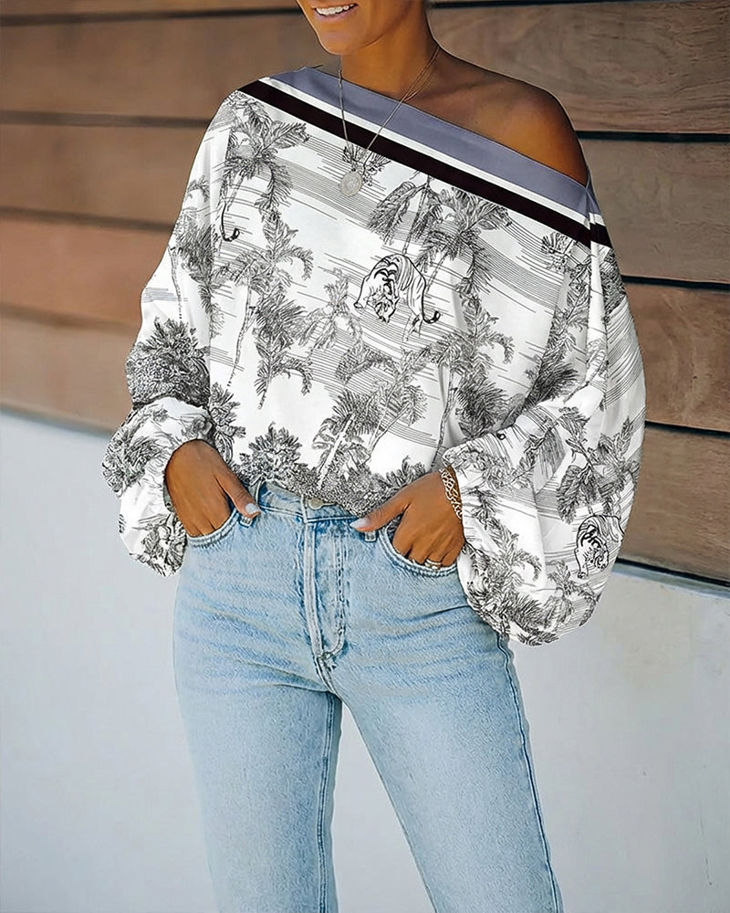 Ink Plants & Animal Placement Print Skew Neck Lantern Sleeve Blouse Casual Contrast Striped Loose Fit Top