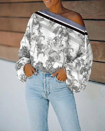 Ink Plants & Animal Placement Print Skew Neck Lantern Sleeve Blouse Casual Contrast Striped Loose Fit Top