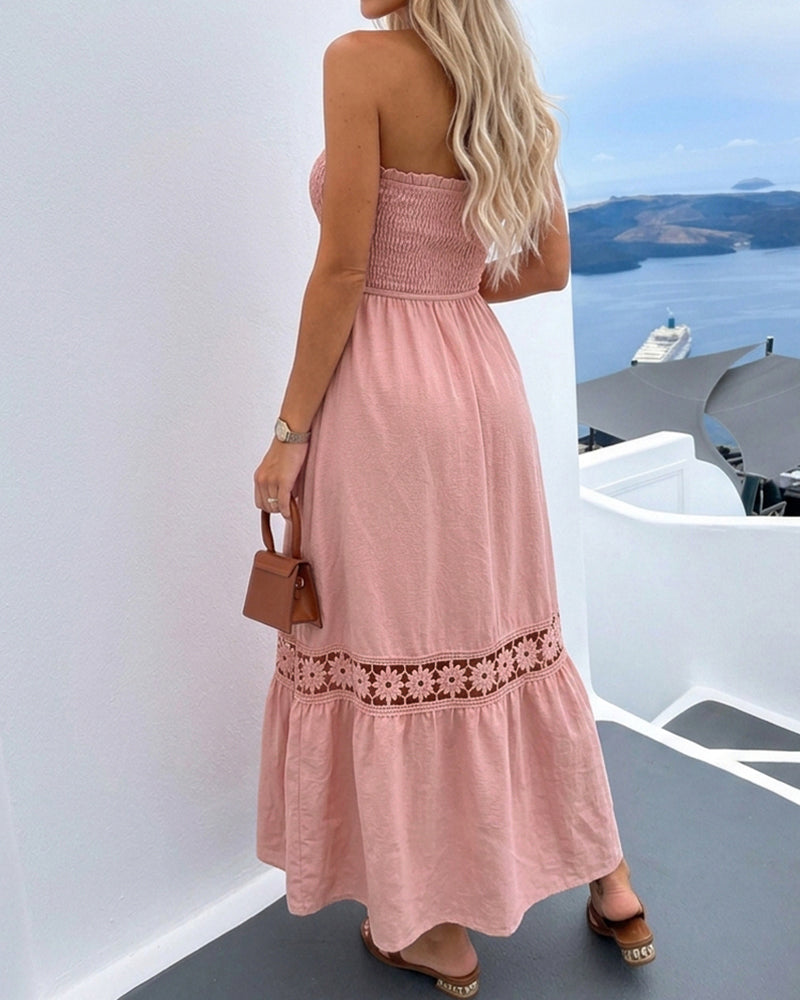Women's Strapless Shirred Maxi Dress Lace Splice Tied Detail Frill Trim Sundress with Detachable Clear Straps