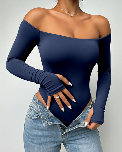 Off Shoulder Long Sleeve Slim Fit Versatile Bodysuit with Thumb Hole Cuffs