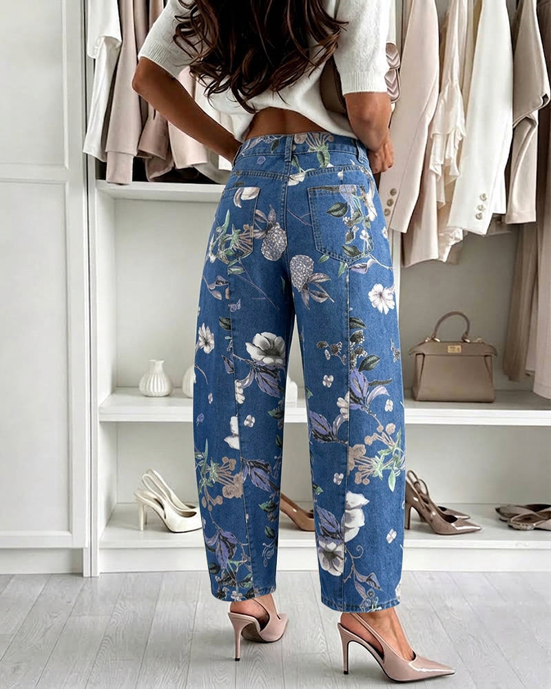 Damen-Jeans mit Vintage-Blumenmuster, Baggy-Jeans, lässige, hoch taillierte, verkürzte Barrel-Jeans