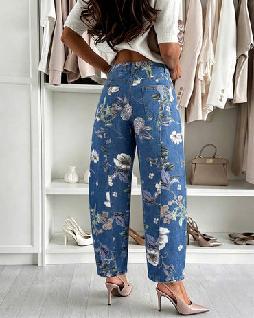Women's Vintage Floral Printed Baggy Denim Pants Casual High Waisted Cropped Barrel Jeans