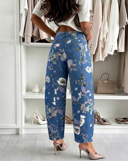 Damen-Jeans mit Vintage-Blumenmuster, Baggy-Jeans, lässige, hoch taillierte, verkürzte Barrel-Jeans