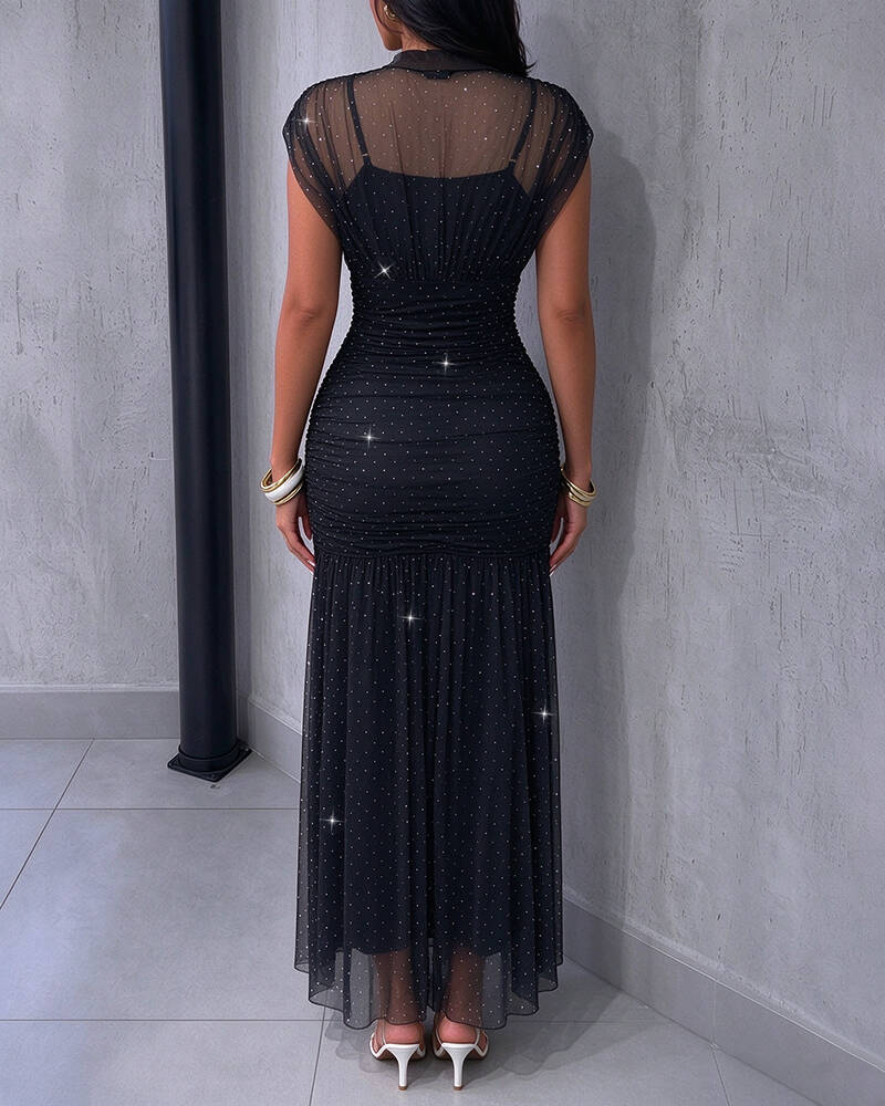 Vestido largo de noche de corte sirena para mujer de malla transparente con pedrería, fruncido, cuello alto y manga japonesa