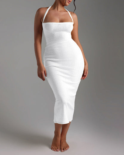 Criss Cross Straps Back Ribbed Mid-length Dress Sexy Slim Fit Backless Slit Back Dress