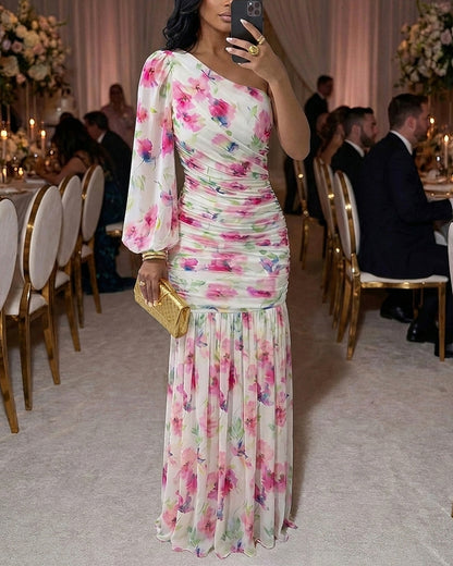 Women's Floral One Shoulder Evening Dress Elegant Lantern Sleeve Ruched Maxi Gown Casual Sheer Mesh Mermaid Dress