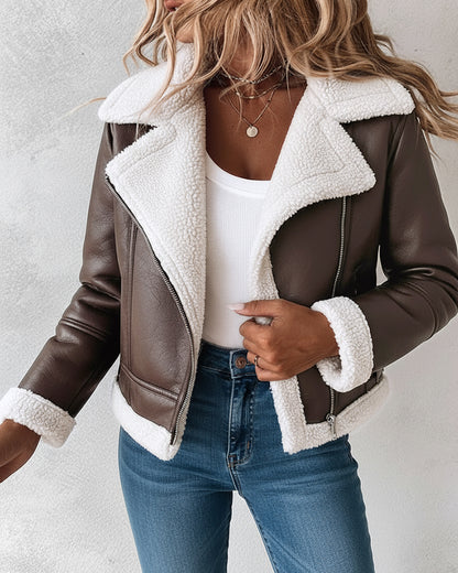 PU Leather Notched Collar Zip Up Vintage Thermal Lined Biker Jacket Faux Shearling Trim Crop Coat