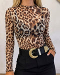 Women's Leopard Print Sheer Mesh Top Frill Trim Mock Neck Long Sleeve Tee