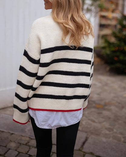 Women's Striped Crew Neck Loose Fit Chunky Knit Sweater Contrast Binding Top
