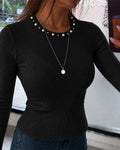 Women's Pearl Rhinestone Round Neck Long Sleeve Ribbed Fitted Top