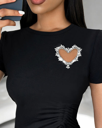 Women's Heart Cutout Rhinestone T-Shirt Short Sleeve Side Drawstring Ruched Top Slim Fit Sparkly Party Tee