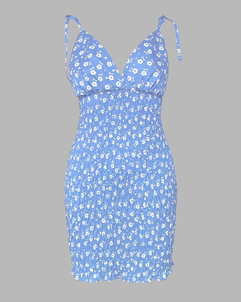 Women's Ditsy Floral Deep V Neck Shirred Sundress Sexy Tie Strap Backless Ruched Bodycon Cami Mini Dress