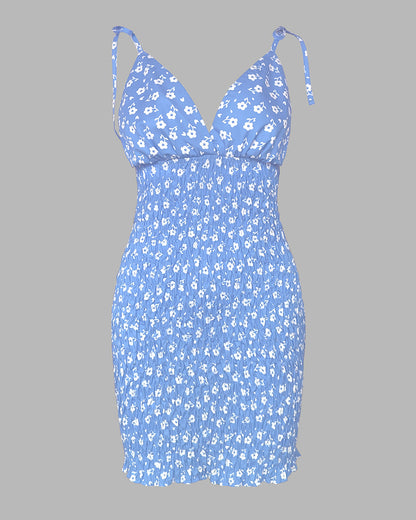Women's Ditsy Floral Deep V Neck Shirred Sundress Sexy Tie Strap Backless Ruched Bodycon Cami Mini Dress