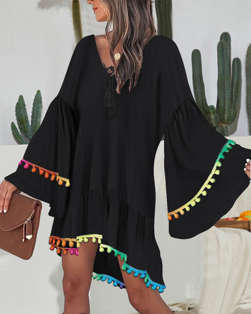 Colorblock V-Neck Bell Sleeve A Line Tassel Mini Dress Vacation Dress