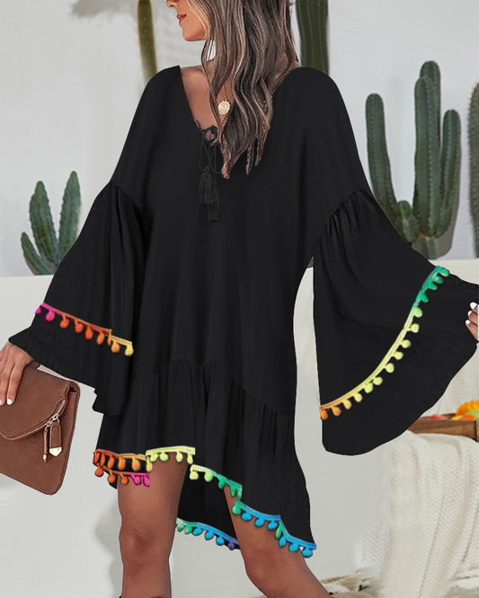 Colorblock V-Neck Bell Sleeve A Line Tassel Mini Dress Vacation Dress