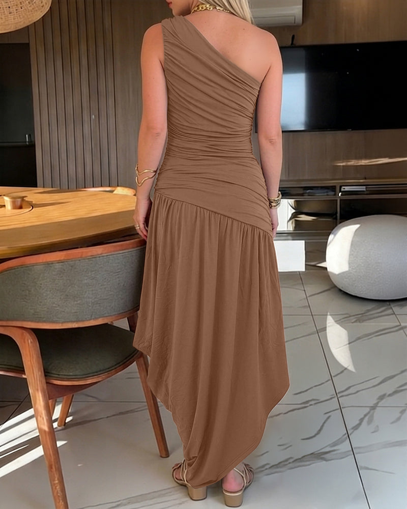 Women's One Shoulder Ruched Side Bodycon Dress Asymmetrical Hem Sleeveless Slim Fit Party Dress