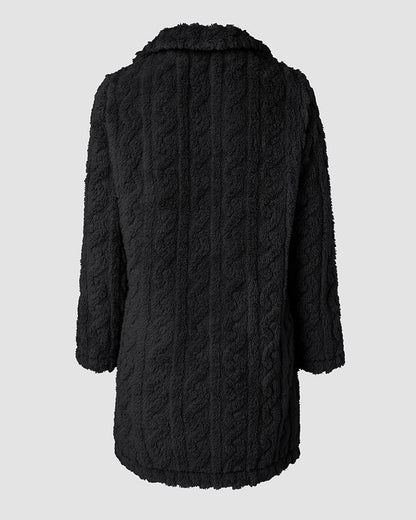 Cable Textured Lapel Neck Button Front Pocket Design Thermal Teddy Coat