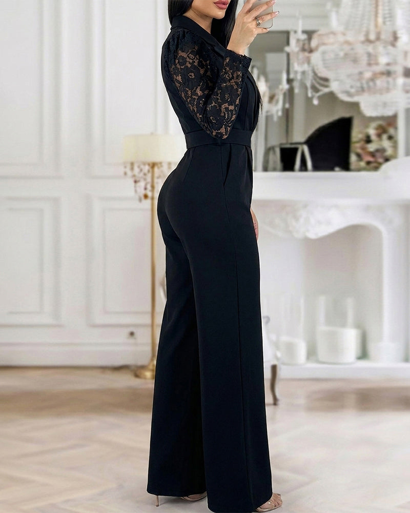 Women's Notched Lapel Jumpsuit Sheer Lace Long Sleeve Wide Leg Overalls Casual Evening Jumpsuit