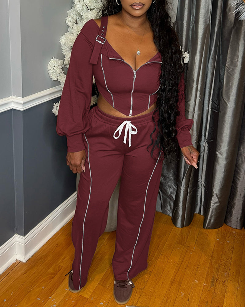 2 Pieces Outfit Trendy Long Sleeve Cold Shoulder Top and Drawstring Waist Pants with Pockets