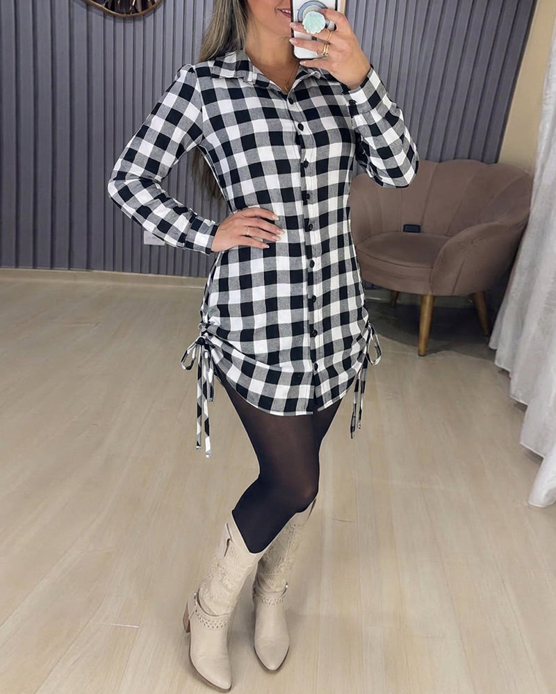 Plaid Print Turn-down Collar Button Down Dress Casual Shirred Back Side Drawstring Vacation Dress