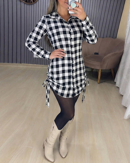 Plaid Print Turn-down Collar Button Down Dress Casual Shirred Back Side Drawstring Vacation Dress