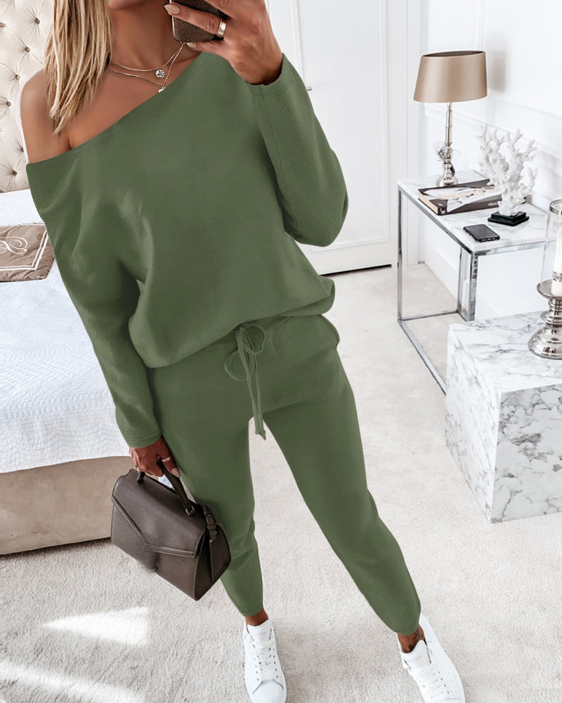 2 Pieces Outfit Long Sleeve Skew Neck Pullover Top Drawstring Elastic Waist Slim Fit Pants Set