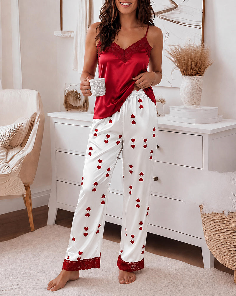 Women's Lace Trim Satin Pajama Set V Neck Cami Top and Heart Print Straight Leg Pants Casual Sleepwear Loungewear