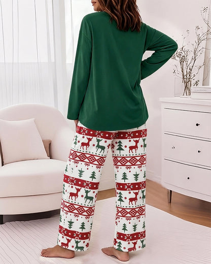 Women's Two Piece Pajamas Set Slogan Print Top and Christmas Print Pants Casual Lounge Set