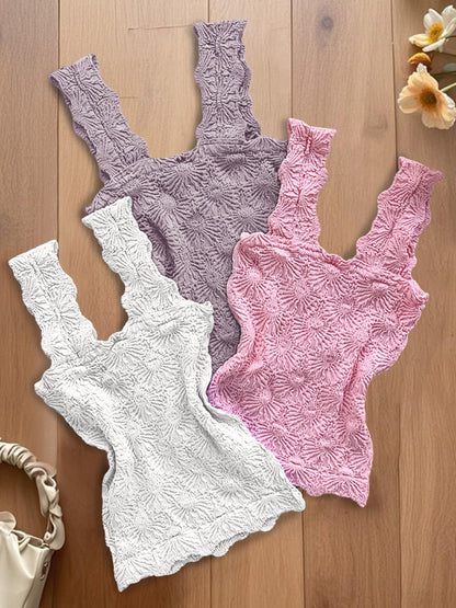 3-Pack Wide Strap Tank Tops Lettuce Trim Cami Tops with Floral Jacquard