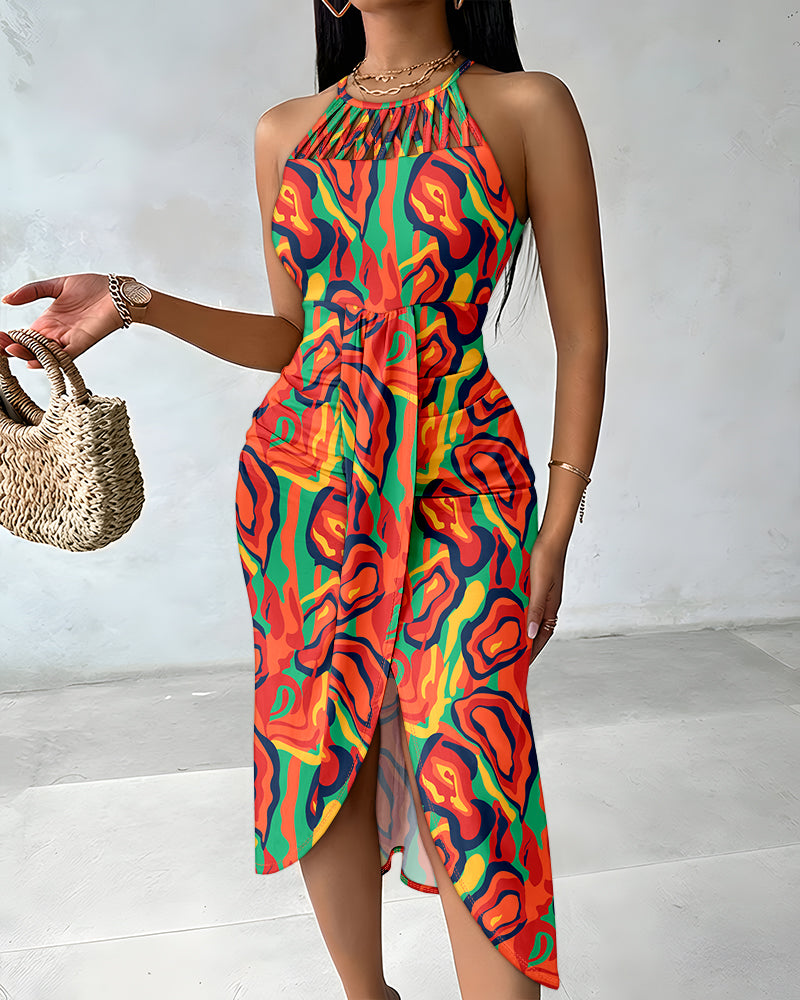 Colorblock Abstract Print Halter Tie Hollow-out Criss Cross Spliced Front Ruched Dress Casual Draped Slit Front Vacation Dress