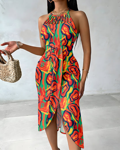 Colorblock Abstract Print Halter Tie Hollow-out Criss Cross Spliced Front Ruched Dress Casual Draped Slit Front Vacation Dress