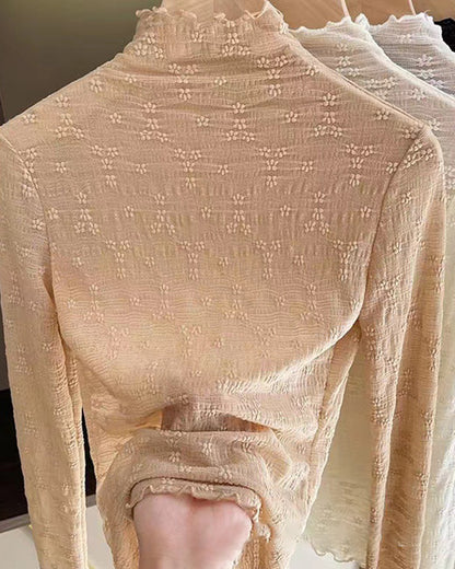 Lace Frill Hem Mock Neck Long Sleeve T-Shirt Sexy Floral Sheer Mesh Hollow Out Top