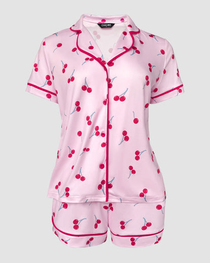 2 Pieces Outfit Notched Collar Short Sleeve Button Front Top and Elastic Waist Shorts Set Casual Cherry Print Contrast Piping Pajamas Set
