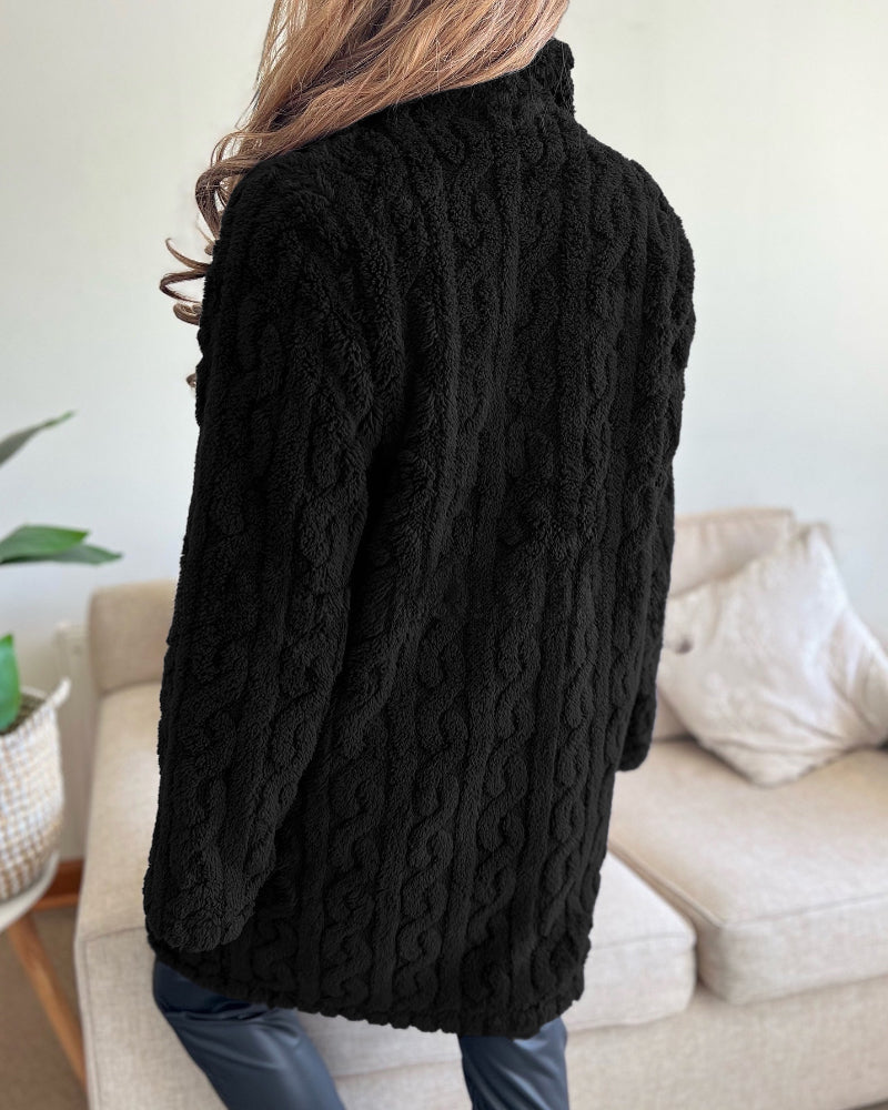 Cable Textured Lapel Neck Button Front Pocket Design Thermal Teddy Coat