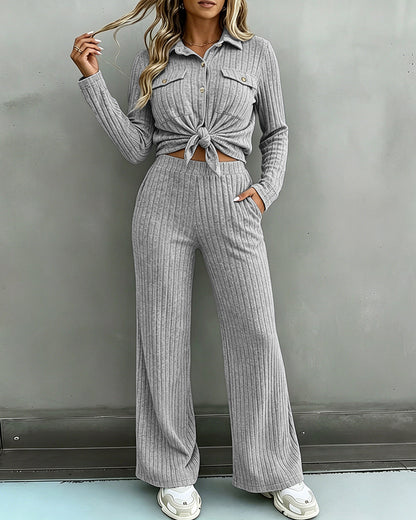 Women's 2 Piece Ribbed Knit Outfits Button Down Top and Straight Leg Pants Set Casual Loungewear Matching Tracksuit