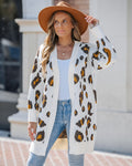Women's Leopard Pattern Open Front Mid-length Knit Cardigan Sweater Coat