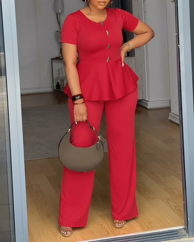 Toggle Button Decor Round Neck Peplum Waist Overalls Casual Zipper Back Wide Leg Jumpsuit