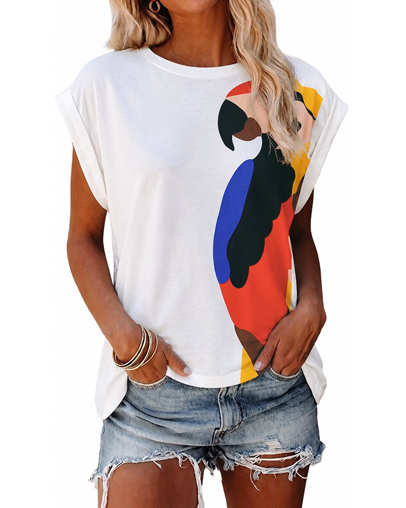 Women's Parrot Graphic Tee Loose Crewneck Cuffed Cap Sleeve T-Shirt Casual Top