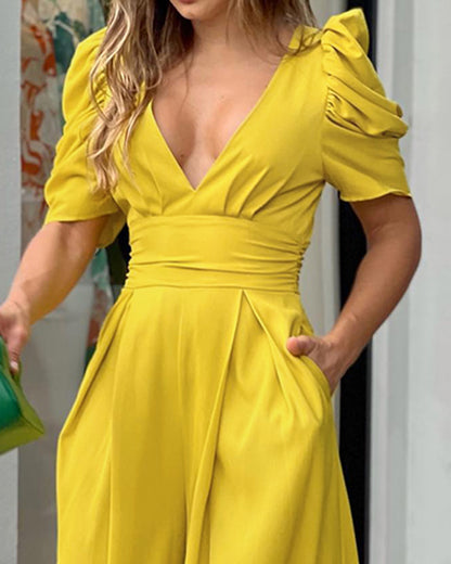 Puff Sleeve Plunge Wide Leg Jumpsuit