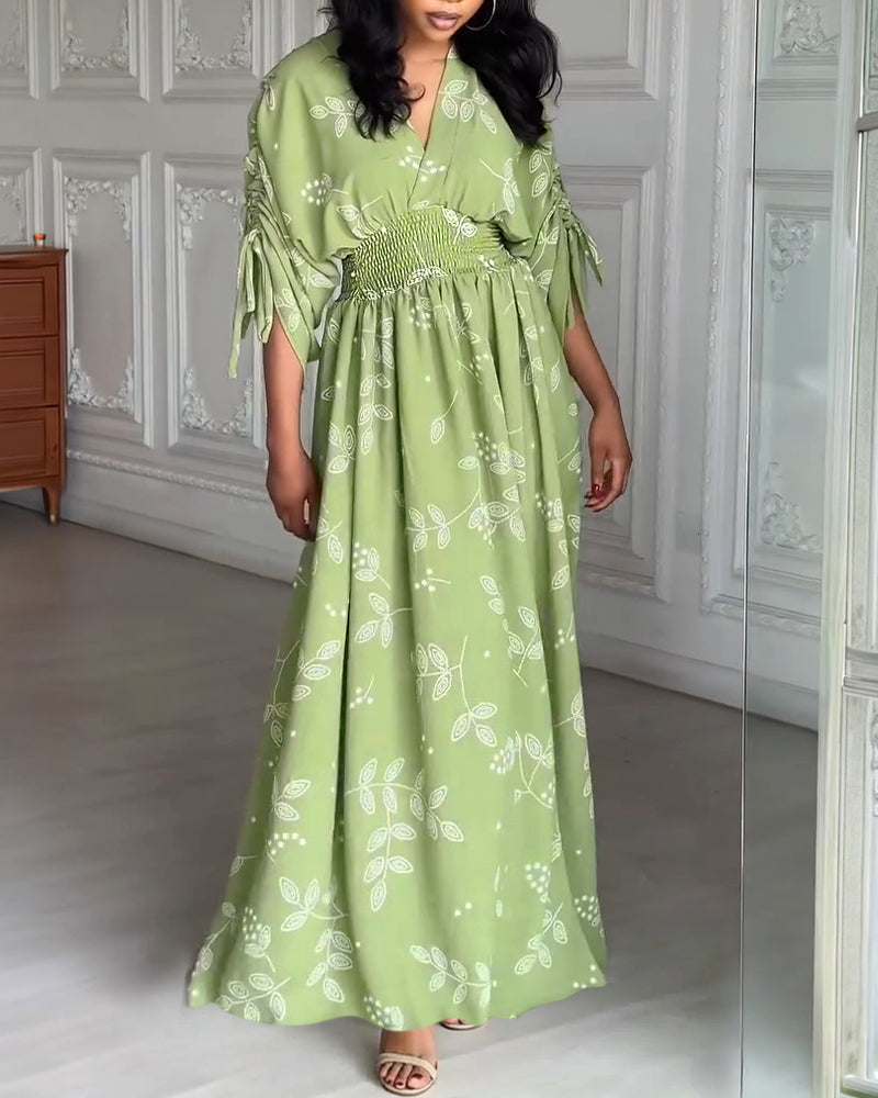 Plants Print Overlap V-Neck Drawstring Sleeve Shirred Waist Maxi Dress Casual Cinched Waist Zipper Back Vacation Dress