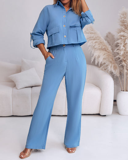 2 Pieces Outfit Turn-down Collar Turn-Up Sleeves Button Front Flap Pockets Design Top and Causal Zipper Fly Elastic Back Waist Wide Leg Pants Set