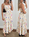 Colorful Floral Print Square Neck Adjustable Straps Shirred Back A Line Dress Casual Cutout Waist Ruffle Hem Vacation Dress