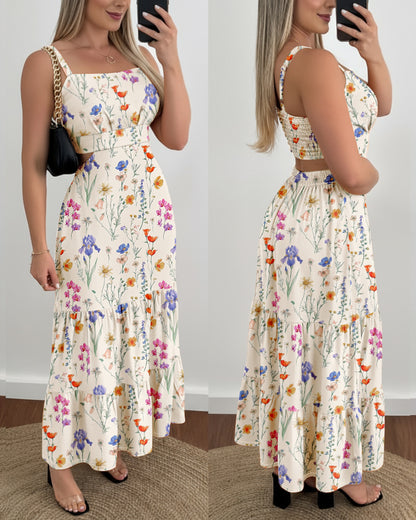 Colorful Floral Print Square Neck Adjustable Straps Shirred Back A Line Dress Casual Cutout Waist Ruffle Hem Vacation Dress