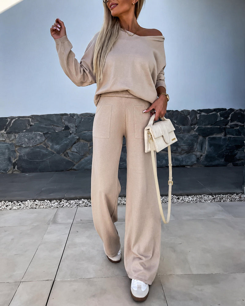 Women's Two-Piece Knit Set Long Sleeve Hoodie Top and Wide-Leg Pants Set Casual Cozy Lounge Outfit