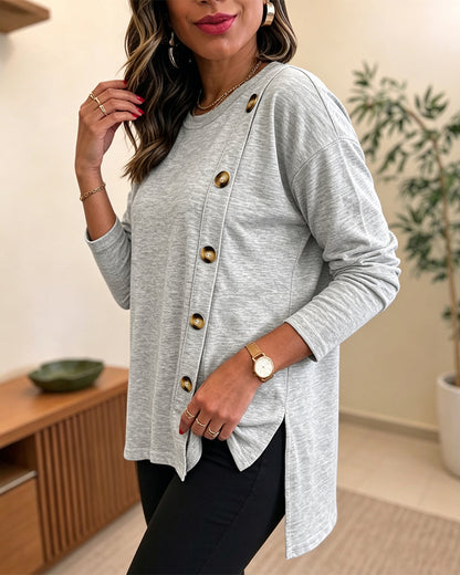 Women's Side Button Detail High-Low Split Hem Loose Tee Drop Shoulder Casual Top
