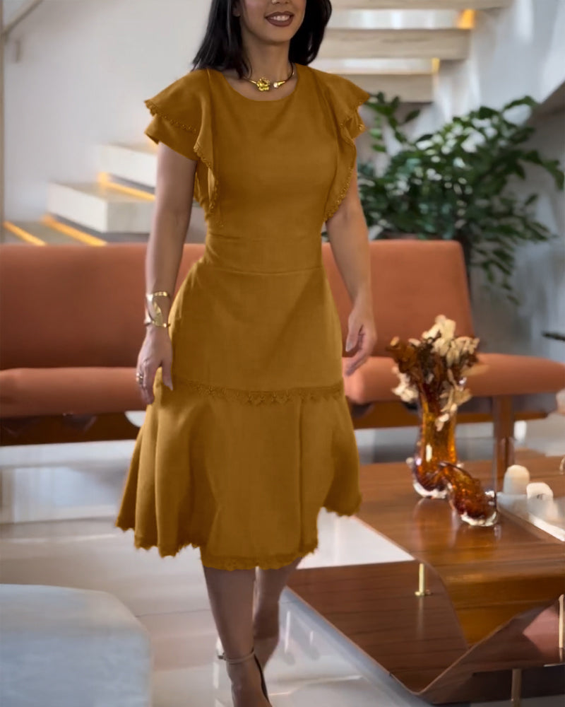 Butterfly Sleeve Hollow-out Back Shirred Work Dress Casual Cinched Waist Lace Trim Ruffle Hem Dress