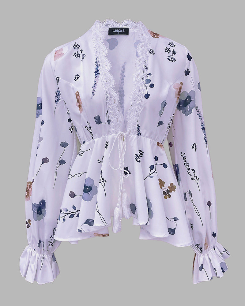 Floral Print Deep V-Neck Lantern Sleeve Casual Contrast Lace Tied Detail Blouse