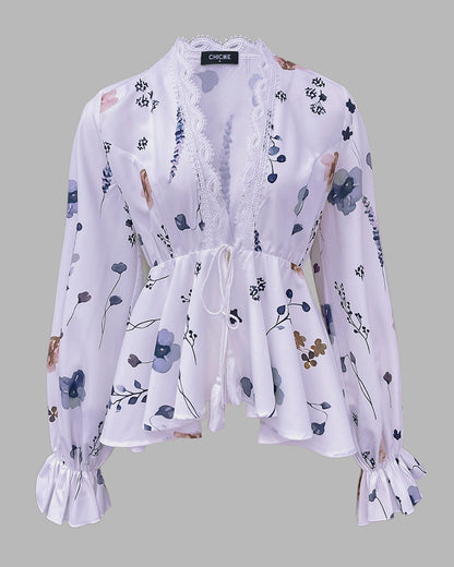 Floral Print Deep V-Neck Lantern Sleeve Casual Contrast Lace Tied Detail Blouse