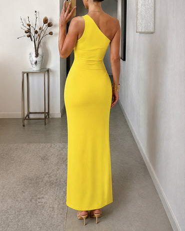 Women's One Shoulder Maxi Dress Ruched Waist Draped Tie Bodycon Party Dress with Detachable Clear Straps